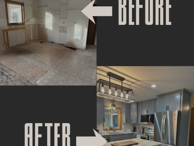 Split view of a kitchen renovation in Big Lake MN highlighting the transformation from outdated design to a contemporary, functional space.