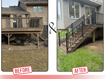 Before and after of a custom home addition in Rogers MN showcasing the transformation and expansion of living space with durable, high-quality construction.