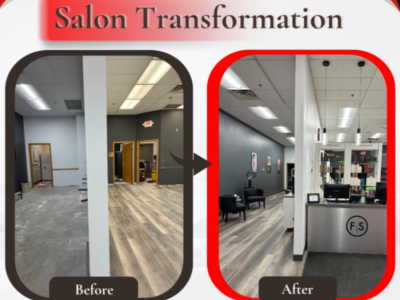 Before and after of a commercial remodel for Fantastic Sams in Blaine MN showing the updated interior design and improved customer space.