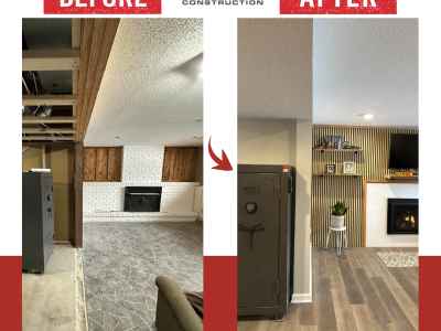 Before and after of a basement remodel in Ramsey MN showing the transformation from unfinished space to a modern, functional living area.